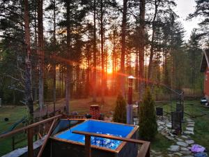 ReittiöLarge Family Apartment UNELMA - Tahko, Palju, BBQ, Sauna, WiFI, PetsOK, Budget, Wanha Koulu Tahkovuori的后院的乒乓球桌,阳光照耀着树丛