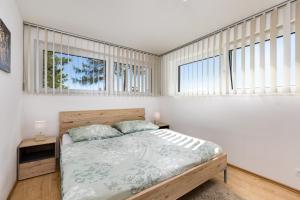 TreffenGerlitzenzeit的一间卧室设有一张床和两个窗户。