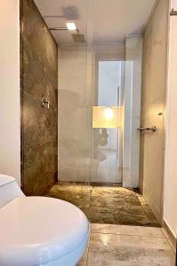 MacanalLa Vista EcoHouse的一间带卫生间和玻璃淋浴间的浴室