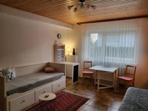 凯撒斯劳滕Apartment Betzenberg, nur Netflix的一间卧室配有一张床、一张桌子和一个窗户。