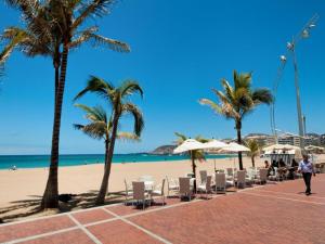 大加那利岛拉斯帕尔马斯Precioso apartamento a 150 metros de la Playa的海滩上,有椅子和棕榈树,还有大海