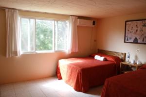 Apazapan扎尔温泉酒店的一间卧室设有两张床和窗户。