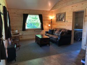 塔尔基特纳Susitna River Lodging, Backwoods Cabins的客厅配有沙发和1张床