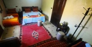 伊姆利尔Riad Atlas Panorama的卧室享有高空美景,配有两张床和红色地毯。