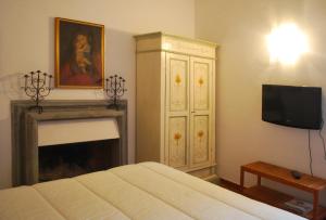 奥维多拉玛格诺利亚酒店的一间卧室配有一张床、一台电视和一个壁炉
