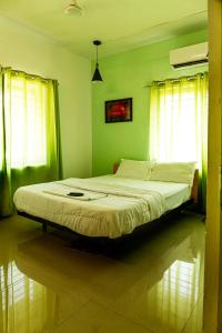 科泽科德Ecoville suites的绿色墙壁和窗户的客房内的一张床位
