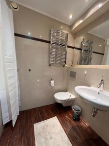 谢德尔采Komfortowe mieszkanie dla 4 osób的一间带水槽、卫生间和镜子的浴室
