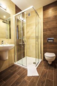 扎科帕内科琳娜司马库旅馆的带淋浴、卫生间和盥洗盆的浴室