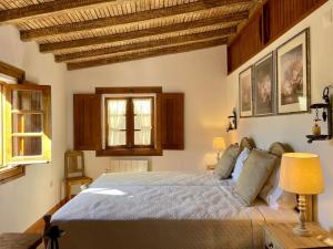 吉尔斯Cottage da Minha Terra 1890的一间卧室设有一张带木制天花板的大床