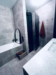 雷克雅未克2x Bedroom Luxury Apartment with amazing views!的带淋浴、浴缸和盥洗盆的浴室