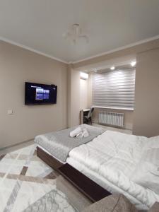 阿拉木图Уютная квартира-студия ЖК Lotus Terrace的一间卧室配有一张大床和一台平面电视