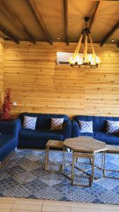 阿尔莎法كوخ البيلسان的客厅配有蓝色的沙发和桌子