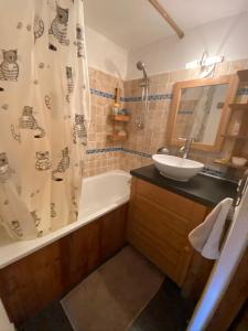 代米考迪亚Appartement face Mont Blanc的带浴缸、水槽和淋浴帘的浴室
