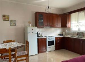 伊古迈尼察Nice Cosy apartment in Igoumenitsa的厨房配有木制橱柜和白色冰箱。