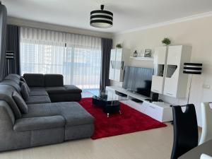 波尔蒂芒Rocha Prime - Standing apartment T3的客厅配有灰色的沙发和红色地毯。