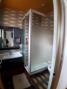 塔那那利佛Human hotel Ivato的一间带玻璃淋浴和水槽的浴室
