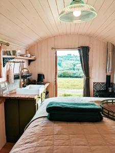 比迪福德Stunning Shepherd's Hut Retreat North Devon的客房设有床、水槽和窗户。