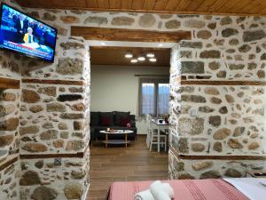 卡兰巴卡Dream Nest Meteora的一间设有石墙的客房,墙上配有电视