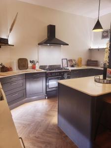 谢菲尔德Luxury 4 Bed Family property in popular location的厨房配有蓝色橱柜和炉灶烤箱。