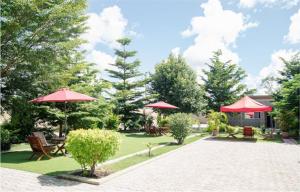 KazungulaKasbek Lodge & Tours的一个带红色遮阳伞和桌椅的庭院