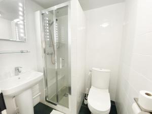 巴黎阿维亚迪克酒店的白色的浴室设有卫生间和淋浴。