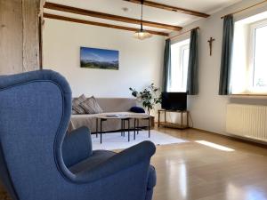 万根伊姆阿尔戈伊Ferienhof Weber Nieratz的客厅配有蓝色椅子和沙发