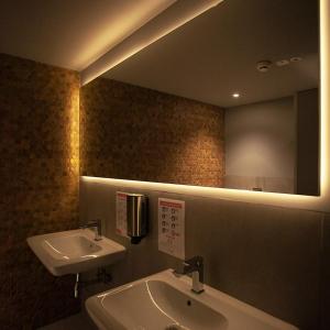 罗兹Abton Hotel的一间带水槽和镜子的浴室
