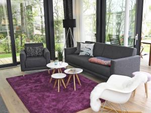 奥斯赛拜-塞林Haus Wetterhexe - FeWo 01的客厅配有沙发和紫色地毯