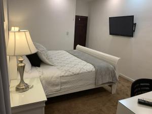 科尔特斯港MiCasa Stays的一间卧室配有一张带灯具的床和一台电视