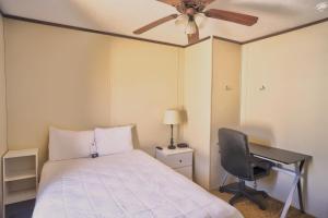卡尔斯巴德Ellipse Global Lodge的一间卧室配有一张床、一张桌子和吊扇