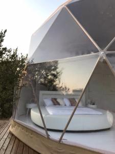 巴达洛纳Domo Suites Masía Cal Geperut的玻璃帐篷内的一张床位,里面配有一张床