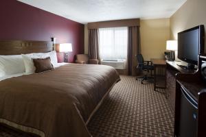 Luverne卢文格兰德思泰套房汽车旅馆的酒店客房设有一张大床和一张书桌。
