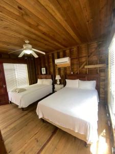 Oak RidgeOcean Breeze Villa Rentals的一间卧室配有两张床和吊扇