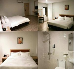 名古屋SOVRANO HOTEL BATAM fka PARKSIDE SOVRANO HOTEL的配有2张床和1间浴室的酒店客房的3张图片