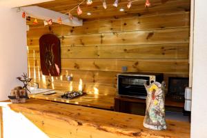 珀蒂蒂勒LE TUIT TUIT的厨房设有木墙和带炉灶的台面。