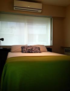 布宜诺斯艾利斯Studio Maipu的一张带绿毯的床和一个带枕头的窗户