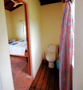 ButreAfro Beach Eco Resort Butre的一间带卫生间的浴室和一张位于客房内的床。