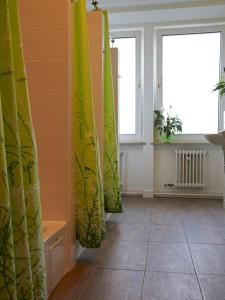 慕尼黑PM旅舍的一间设有黄色和绿色窗帘的房间,以及2个窗户