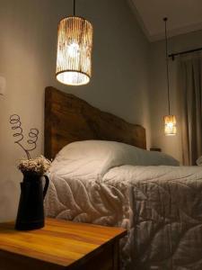 里贝朗克拉鲁Pousada Villa Paraizo的一间卧室配有一张带桌子和台灯的床