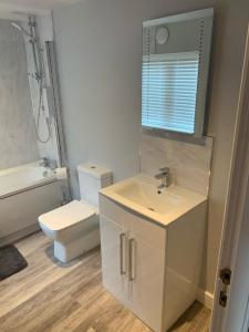 绍斯韦尔RECENTLY RENOVATED property in the heart of Southwell的一间带水槽、卫生间和镜子的浴室
