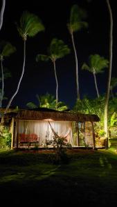 圣米格尔-杜戈斯托苏Bangalô Kauli Seadi Eco-Resort的夜间棕榈树的小棚屋