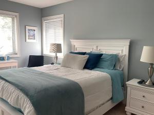 滑铁卢Hammer Haus的一间卧室配有一张带蓝色枕头的大床