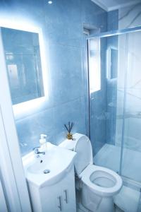 哈罗Stunning 2-Bed Apartment in Harrow的浴室配有卫生间、盥洗盆和淋浴。