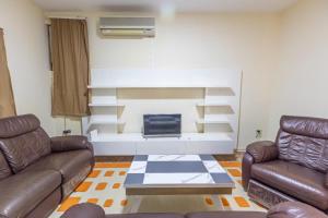 地拉那Relax Hostel的客厅配有2张真皮沙发和壁炉