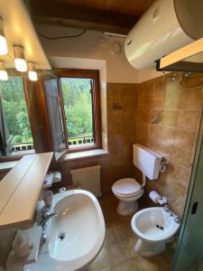 ZovelloLa casa del Cucù al Ravascletto, 900mt from cable car的浴室配有盥洗盆、卫生间和盥洗盆。