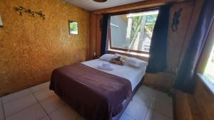 普腊亚罗萨Arte da Tribo Hostel & Camping的一间小卧室,配有床和窗户