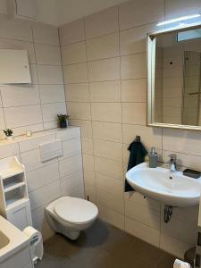 罗斯托克Schmuckstück im Herzen Rostocks mit grüner Oase的一间带卫生间和水槽的浴室
