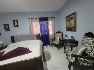 圣斐利-银港Estancia Las Mercedes的卧室配有一张床和一张桌子及椅子