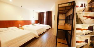 头顿Hoàng Bách Hotel的一间带两张床的卧室和一间带两张双层床的房间