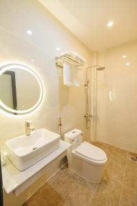 Bạc LiêuHappy Hotel的一间带水槽、卫生间和镜子的浴室
